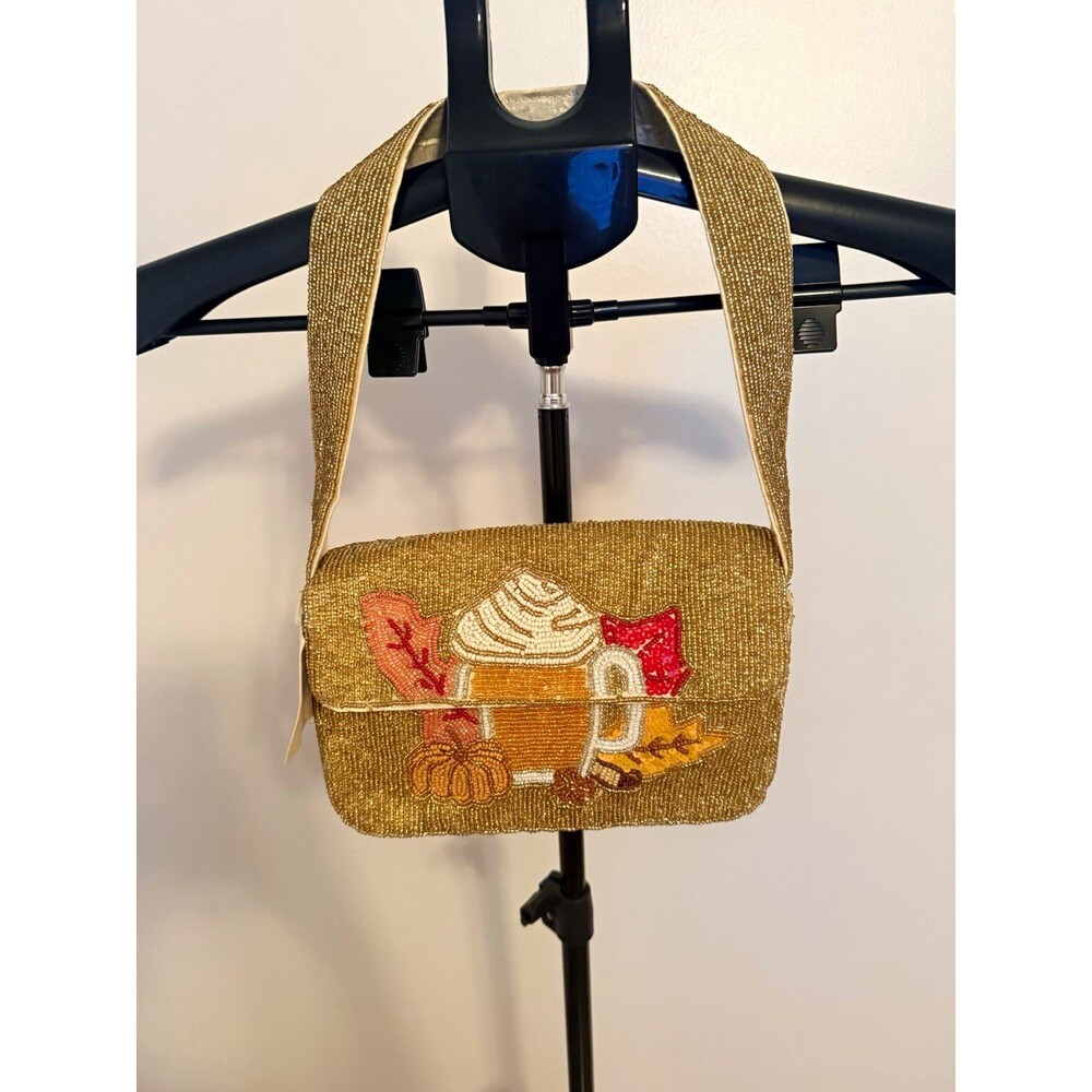 Sol and Mer Gold Beaded Embroidered Pumpkin Halloween Shoulder Bag Small